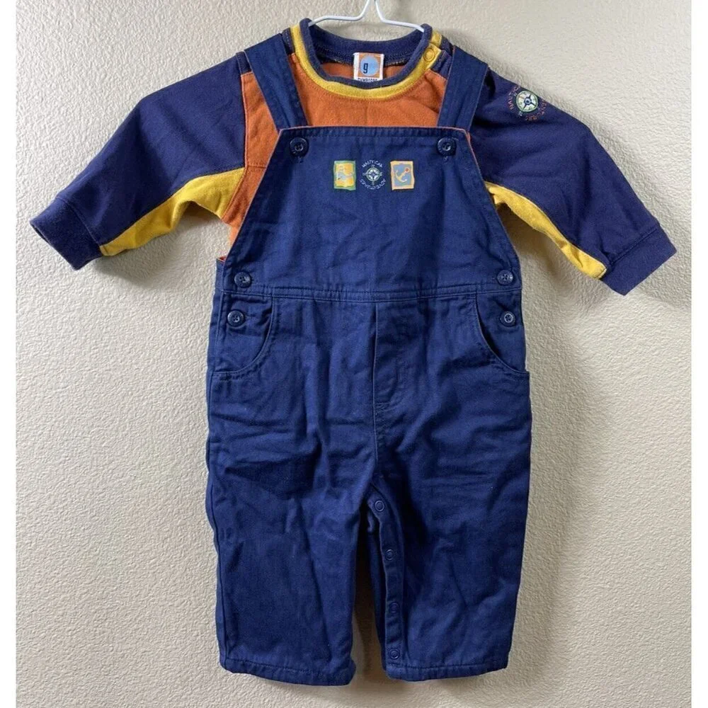 Gymboree Nautical Adventure 2pc Set Navy Blue Overalls & Orange Bodysuit 6-12 M